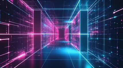 Obraz premium Futuristic 3D web icon in neon pink and blue, set against a dark background with a high-tech floor. Bright, vibrant colors symbolize digital connectivity.
