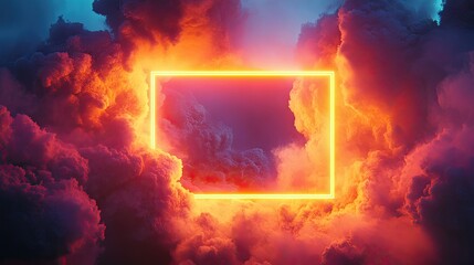 Futuristic background featuring a neon rectangle frame in orange and yellow, surrounded by dramatic cloud formations, blending technology and nature.