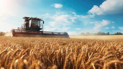 Fototapeta premium A robotic harvester collecting crops in a field, with the machine working autonomously and efficiently under the bright sun.