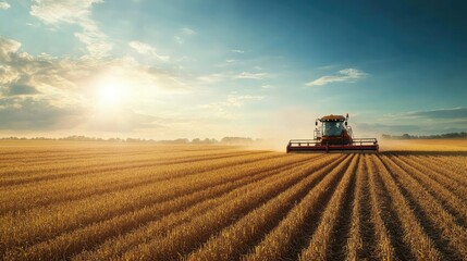 Fototapeta premium A robotic harvester working in a field, collecting crops with precision and efficiency under the bright sun.