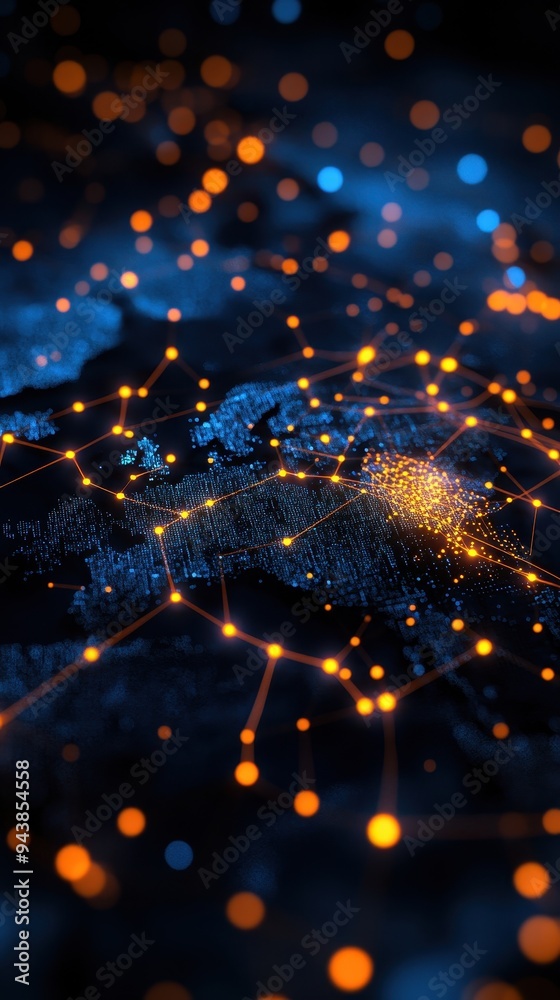 Fototapete Abstract network data visualization with interconnected nodes and glowing lights representing global communication and digital connectivity.