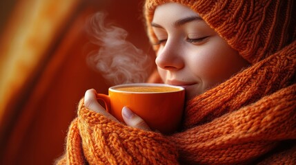 autumn beverage enjoyment, enjoying the cozy fall atmosphere, someone sips a pumpkin spice latte, wrapped in a warm scarf, and feeling the autumn mood