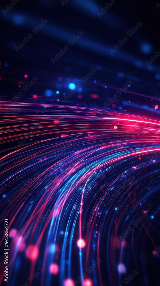 Poster Abstract image of neon light trails with vibrant blue and pink colors, representing digital data flow and futuristic technology.