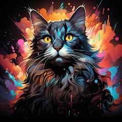 A black and white cat with yellow eyes looking directly at the viewer with a colorful abstract background.