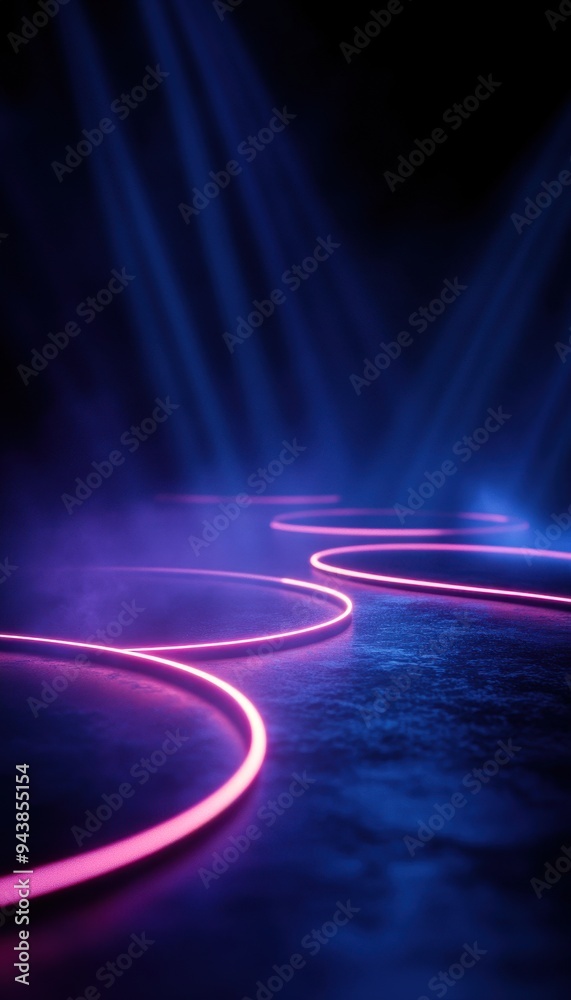 Poster Abstract futuristic neon light trail on dark background with fog and blue light beams. Modern technology and design concept.