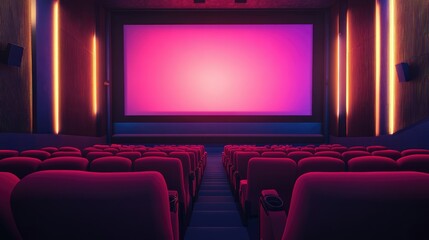 Fototapeta premium Interior of a contemporary cinema with a giant screen, soft red seating, and dim ambient lights. Ideal setting for film promotions.
