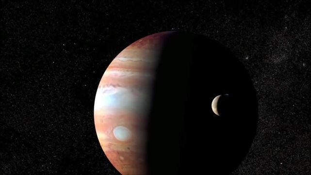 Jupiter spinning in space with it's moon Io. Universe science astronomy.