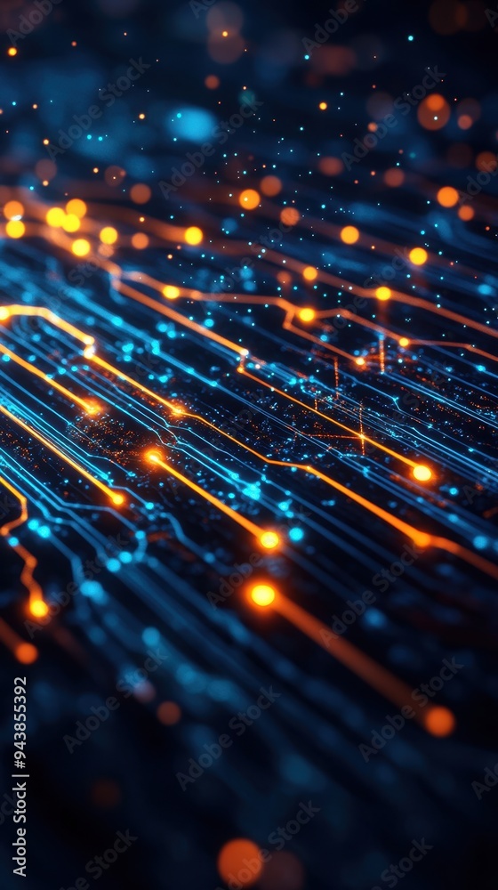 Leinwandbilder abstract futuristic circuit board pattern with glowing lines and nodes in vibrant blue and orange co