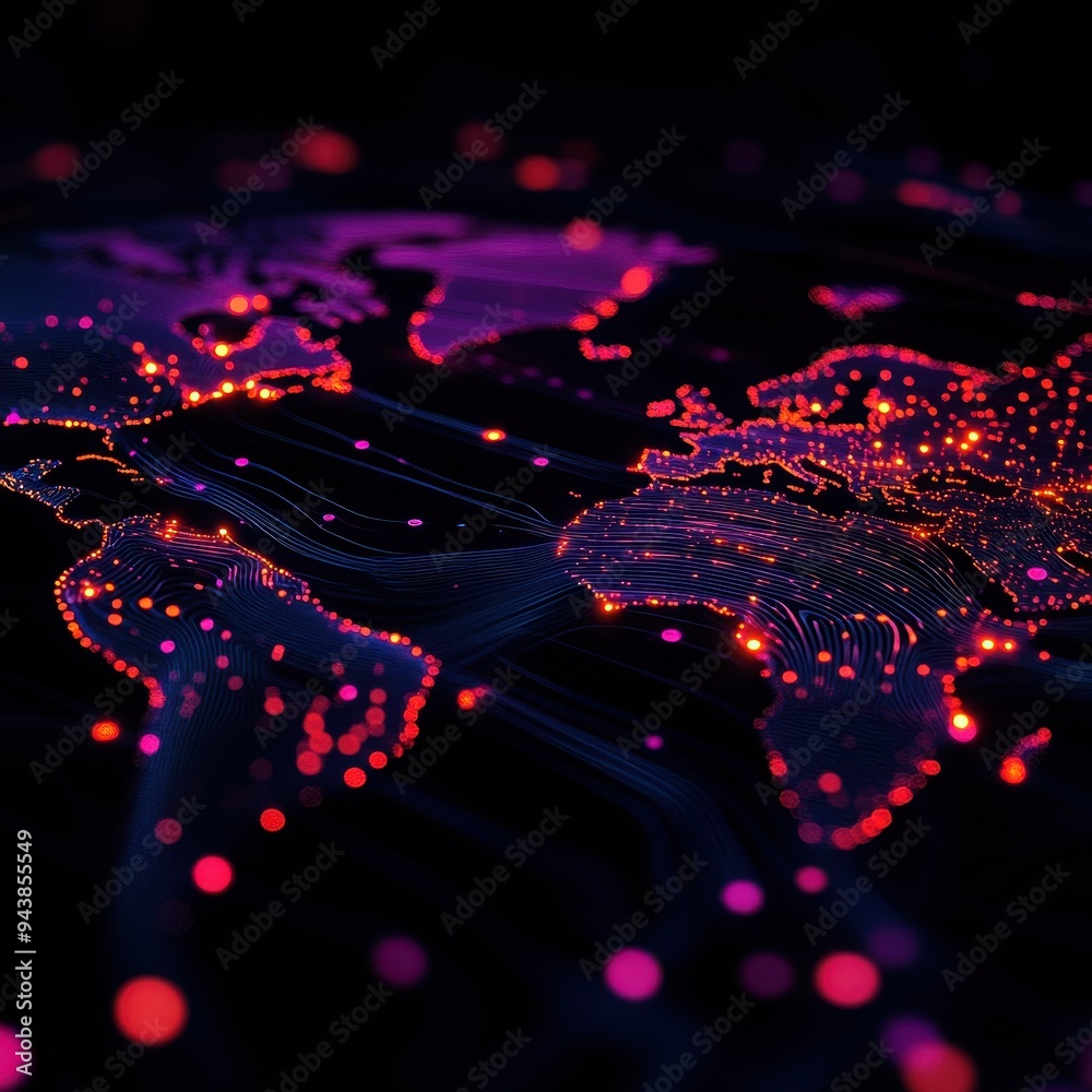 Poster abstract digital world map with glowing data points in pink and purple hues, highlighting global con