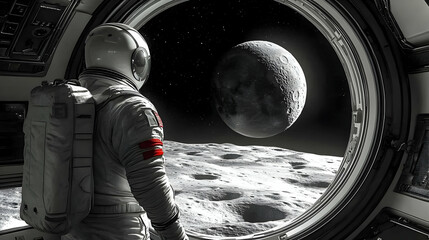 Astronaut looks out of spaceship window at a moon in space.