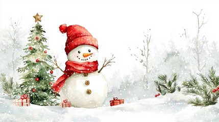 Fototapeta premium Snowman And Christmas Tree In A Snowy Landscape