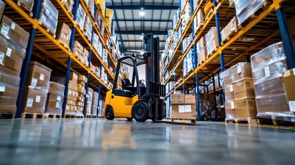 Reach forklift extending its arm to retrieve items from high shelves in a warehouse