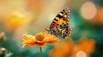 Obraz premium Macro view of a butterfly resting on a flower in a summer garden, with the background softly defocused to highlight its delicate beauty.