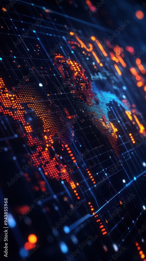 Fototapete Abstract digital global network concept with glowing technological world map in deep blue and orange colors. Futuristic data visualization.