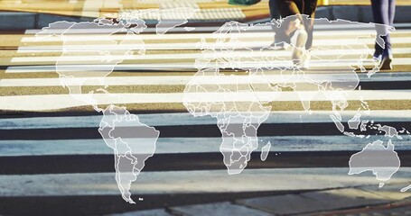 Crossing street, people with world map animation overlay - Powered by Adobe