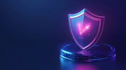 Futuristic digital shield icon with glowing neon lights, representing advanced cybersecurity and data protection.