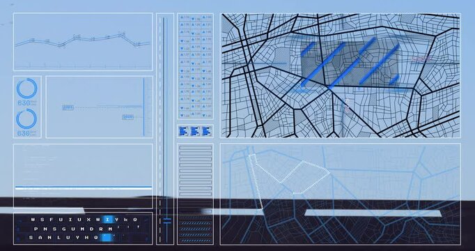 Digital map and data analysis animation over urban planning interface
