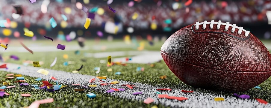 American football resting on the field amidst confetti after a touchdown celebration at the Super Bowl stadium - Powered by Adobe