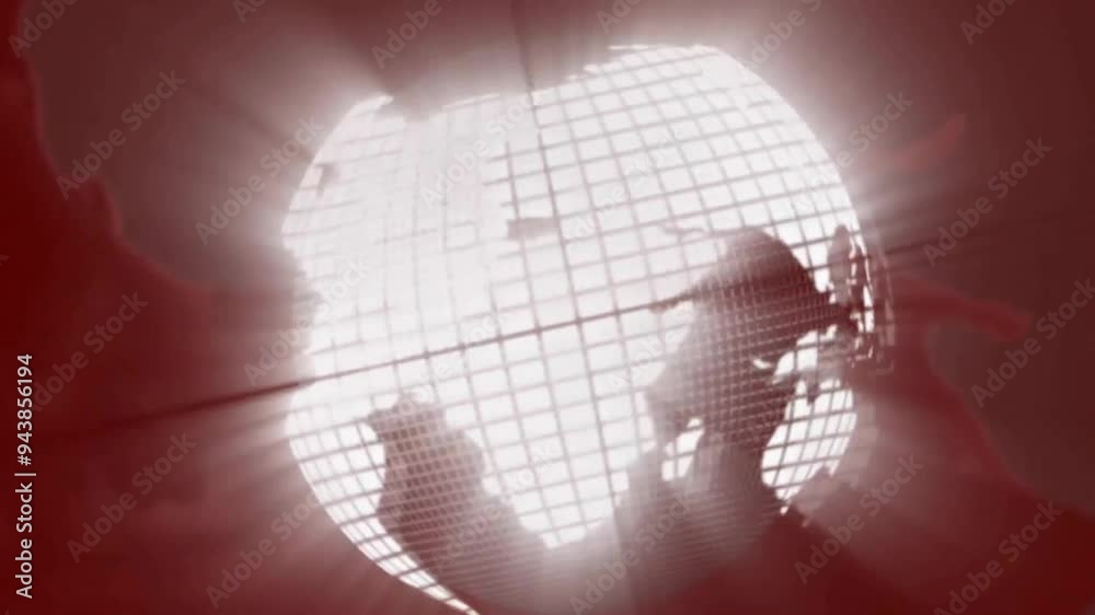 Poster Glowing globe animation with grid lines over red background, spinning and rotating