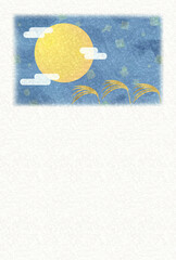 お月見イメージ　和風な満月と雲とすすきのフレーム・背景素材（はがきサイズ）