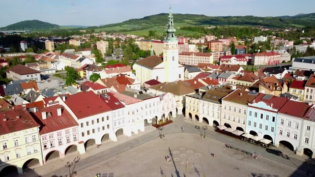 Sigmund Freud Square in Př&iacute;bor, with the town's church and scenic cityscape, Př&iacute;bor, Czech Republic