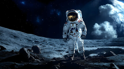 Obraz premium Astronaut on the moon in a spacesuit with a planet and stars in the background.