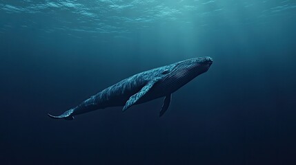 Obraz premium A solitary blue whale swimming through the deep ocean, its massive body moving slowly through the water