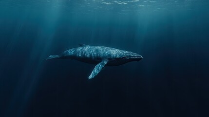 Fototapeta premium A solitary blue whale swimming through the deep ocean, its massive body moving slowly through the water