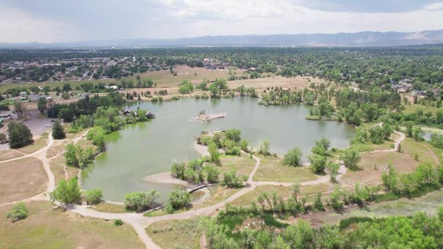 Aerial footage of Belmar park and Kountze Lake in Lakewood Colorado