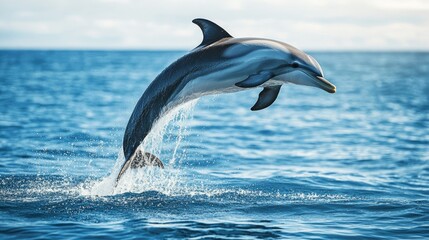 Fototapeta premium A solitary dolphin leaping out of the water, its body arching gracefully through the air