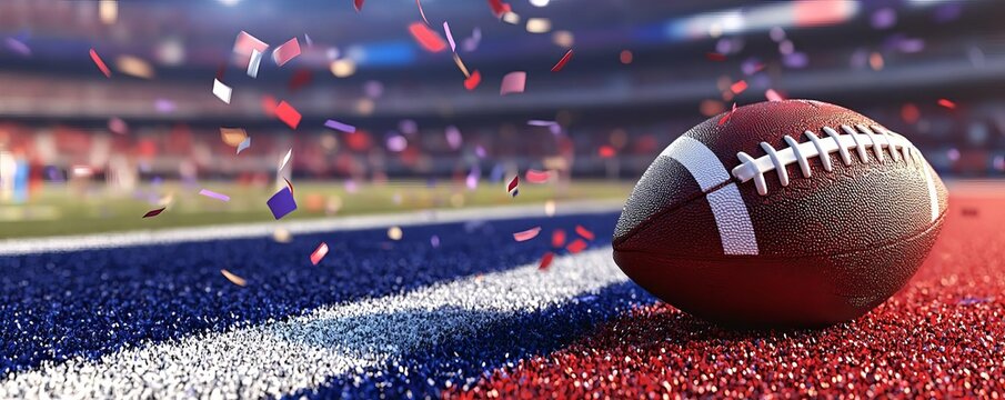 American football in the end zone with confetti celebrating a touchdown at the Super Bowl stadium