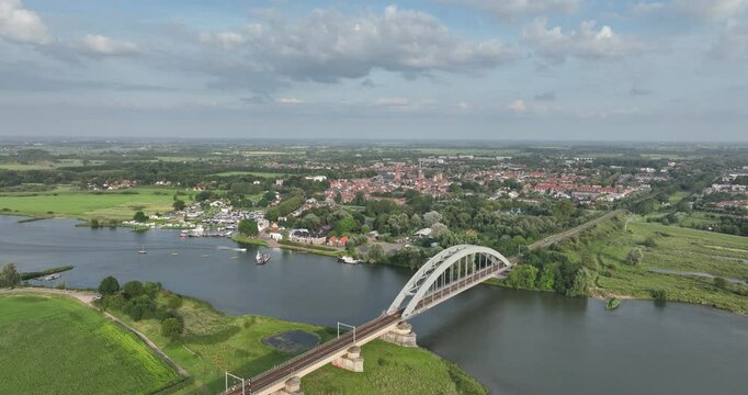 Aerial drone city over view over Culemborg, The Netherlands along the Lek river.