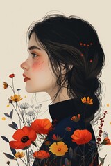 Fototapeta premium A digital profile of a woman with long black hair, wearing a blue sweater, surrounded by red poppies and yellow/red flowers in the background