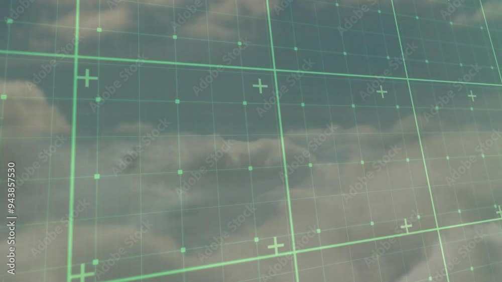 Poster animating grid lines and data points over cloudy sky background