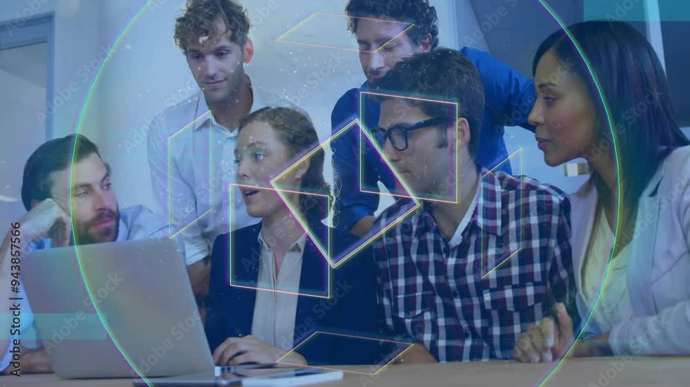 Poster collaborating on laptop, diverse team with geometric shapes and data processing animation