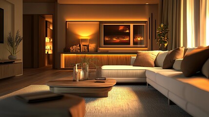 Modern interior of a living room with designer furniture, warm lighting, and stylish decor, creating a cozy yet sophisticated ambiance.