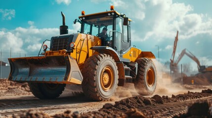 Wheel loader machine on a construction site, handling construction materials and heavy loads
