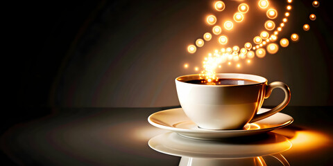 Abstract glowing circles forming a coffee cup outline concept as Glowing abstract circles in varying sizes create the outline of a coffee cup on a dark background. The camera zooms in and out adding d