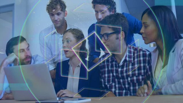Collaborating on laptop, diverse team with geometric shapes and data processing animation