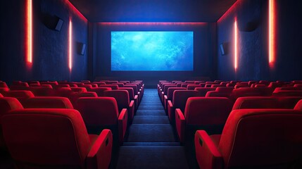 Obraz premium Modern movie theater with rows of comfortable red seats facing a large, illuminated screen, creating a warm and inviting atmosphere.