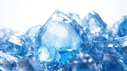Obraz premium Closeup of an ice crystal with intricate faceted surfaces, glowing blue highlights, soft diffused lighting, isolated on a pure white background,