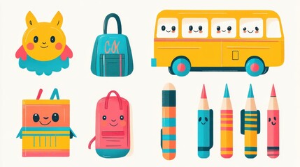 Naklejka premium This delightful collection showcases various education icons like a yellow school bus, joyful bags, and playful stationery items for learning