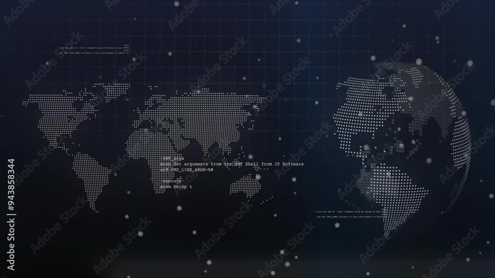 Poster world map with data points and coding animation over dark grid background