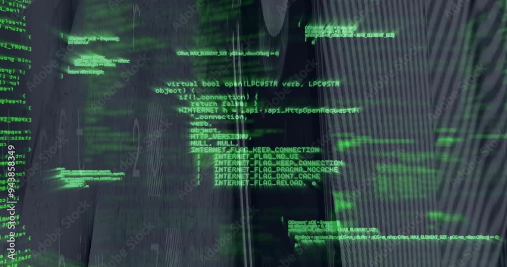 Poster animating green coding text over computer hardware components