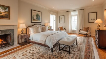 Luxurious master suite with king-size bed, fireplace, and walk-in closet, elegant decor, spacious and comfortable