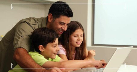 Using laptop together, family surrounded by white frame animation - Powered by Adobe
