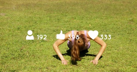 Woman doing push-ups on grass with social media likes and followers animation - Powered by Adobe