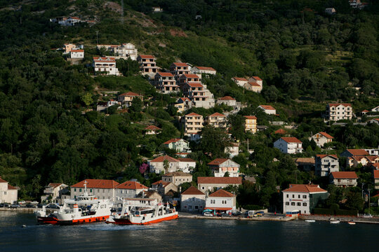 Ferries between Kamenari and Lopetane docked at Kamenari, Bay of Kotor, Montenegro