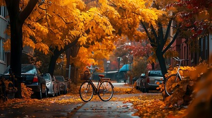 A bicycle with yellow leaves parked in the center of a street flanked by fiery fall trees