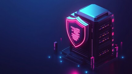 Futuristic server with cybersecurity shield, representing advanced protection for data and digital infrastructure in a neon-lit environment.